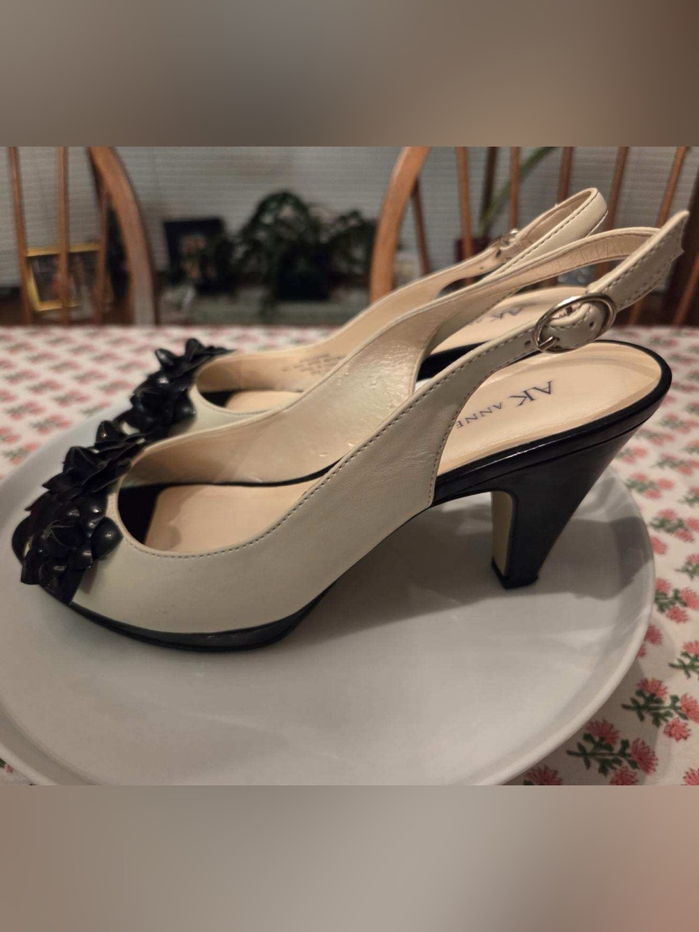 Anne Klein Cream and Black Peep-Toe Slingback Heels with Bow Accent